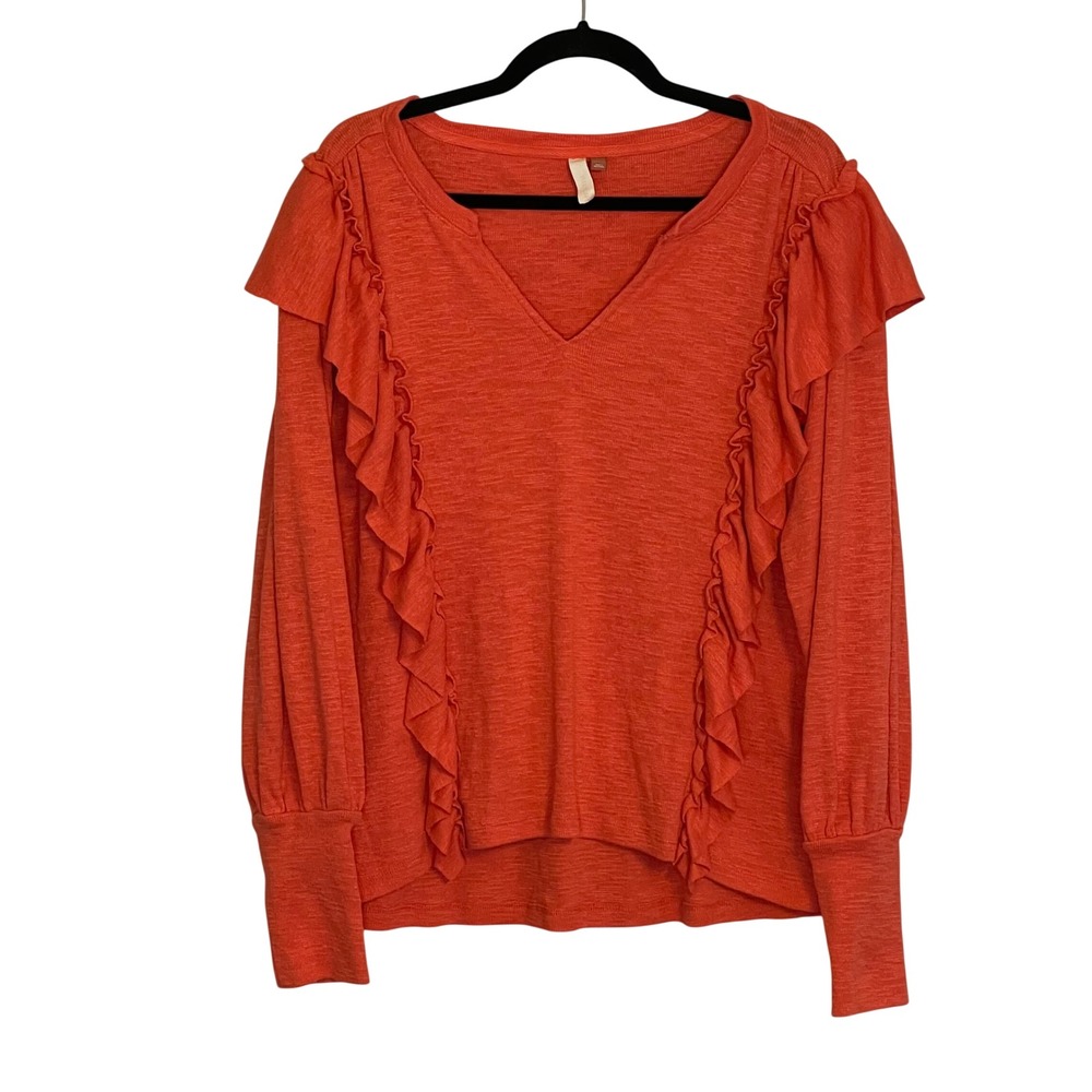 Pilcro Anthropologie Coral Ruffle Split Neck Slub Knit Top Medium
